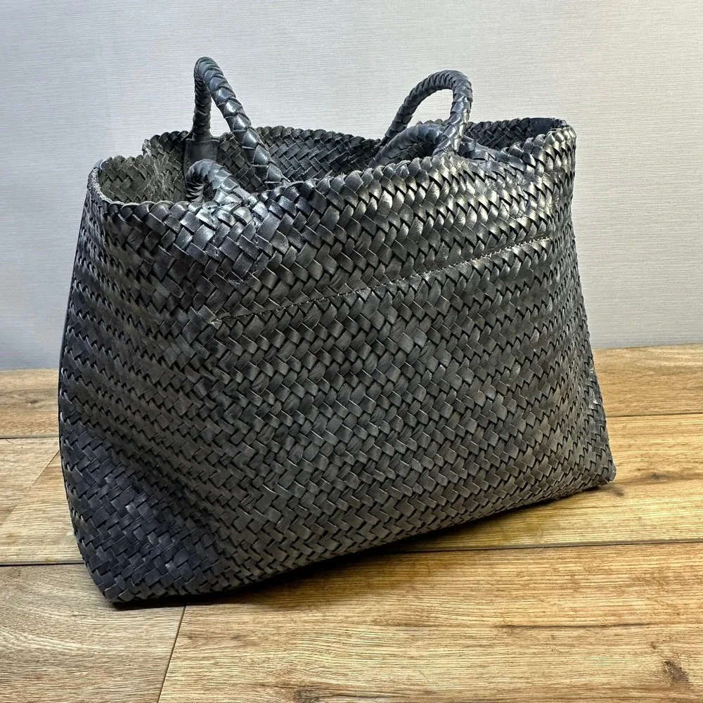 Madewell Navy Woven Genine Leather Tote Large Braided Handle Beach Marine Boho - Picture 7 of 16